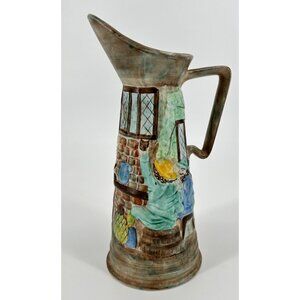 H J Wood LDT Burslem England Hand painted 12" Pitcher Vase Bar Tavern Vintage